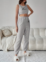 Letter Print Fuzzy Pajama Set Crew Neck Tank Top & Elastic Waistband Pants