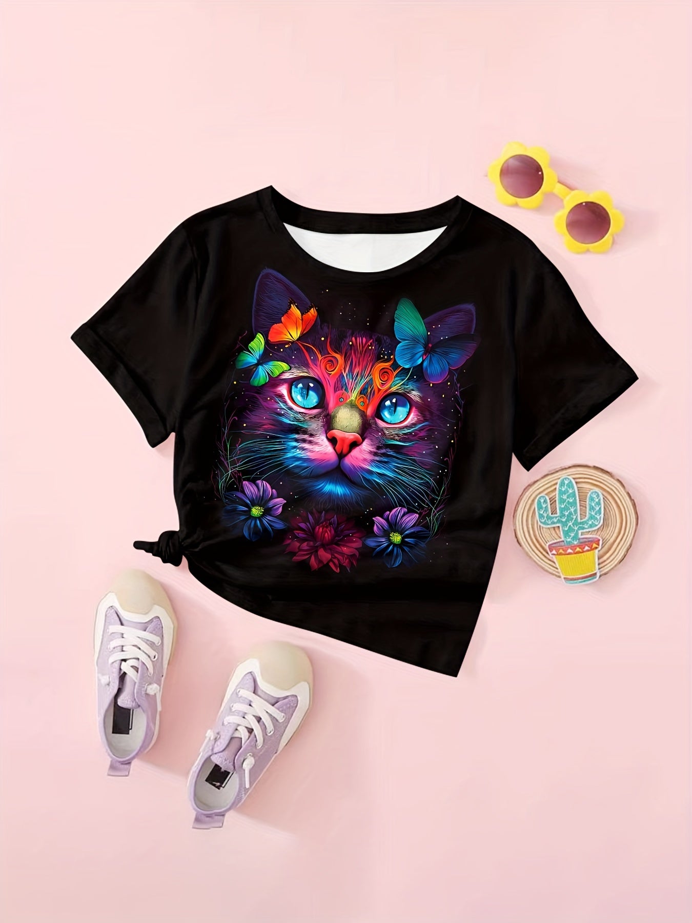 Colorful Tie Dye Cat & Butterfly Short Sleeve T-shirt for Kids