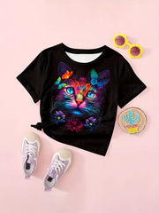 Colorful Tie Dye Cat & Butterfly Short Sleeve T-shirt for Kids