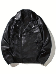 PU Biker Jacket Men's Casual Solid Zip Up Lapel Faux Leather Jacket