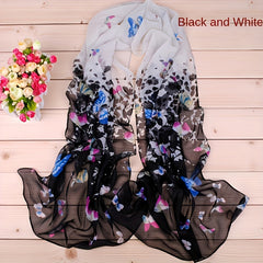 Colorful Butterfly Print Long Chiffon Silk Scarf for Women