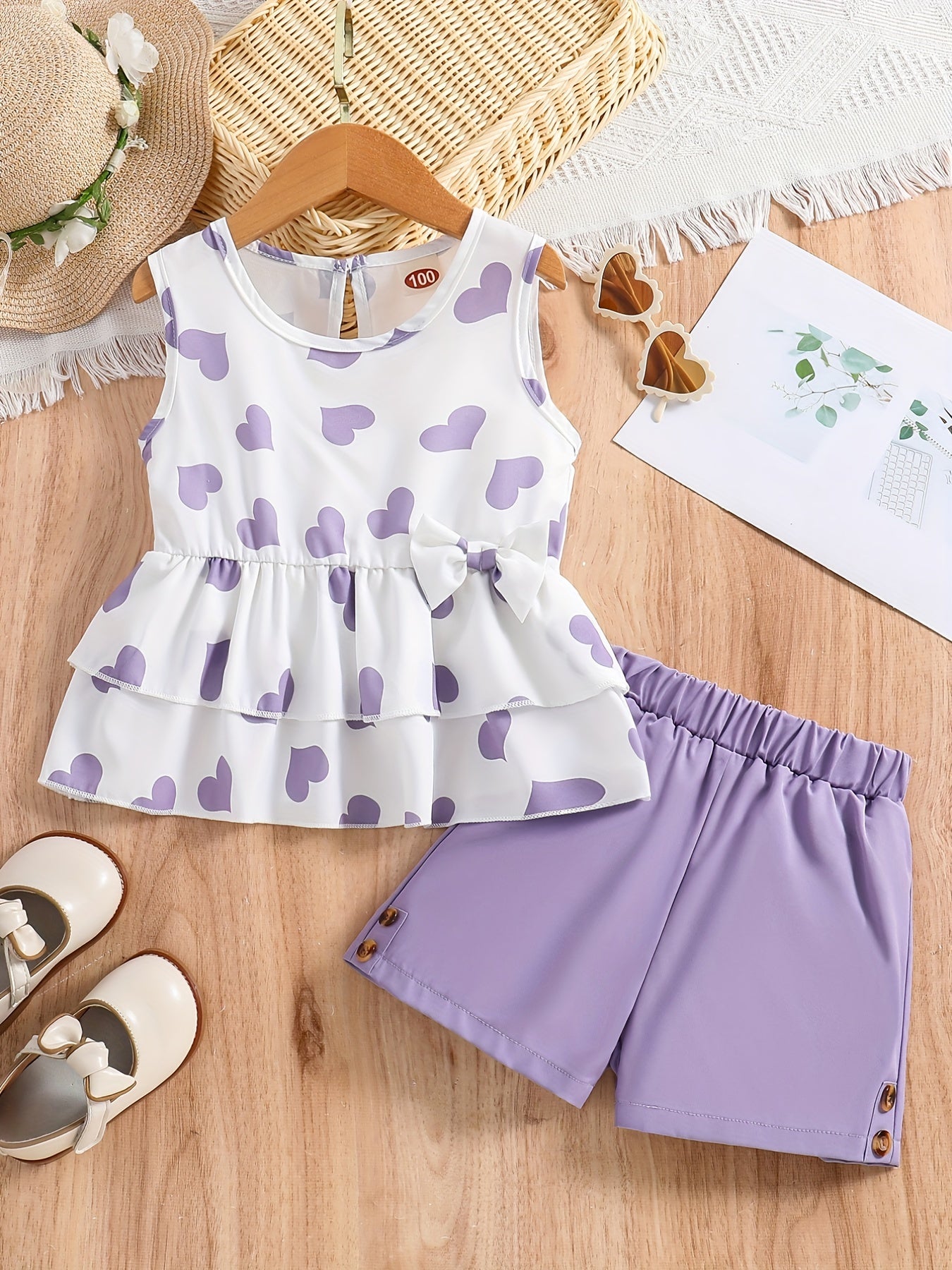 Girls Heart Graphic Peplum Top & Shorts Set for Summer Holiday