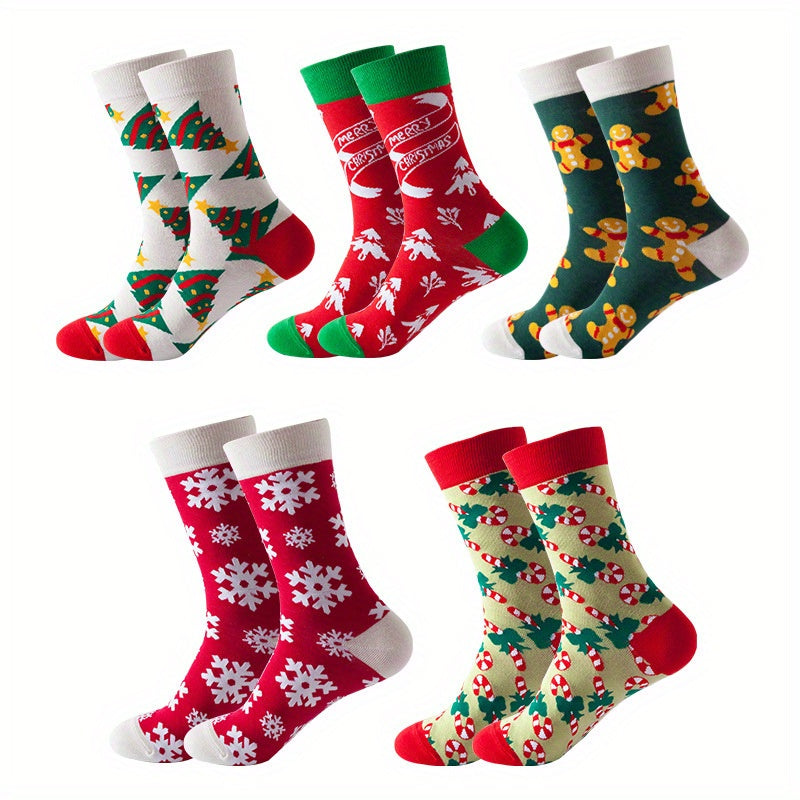 5 Pairs Cartoon Print Socks Christmas Mid Tube Stockings Women's Hosiery
