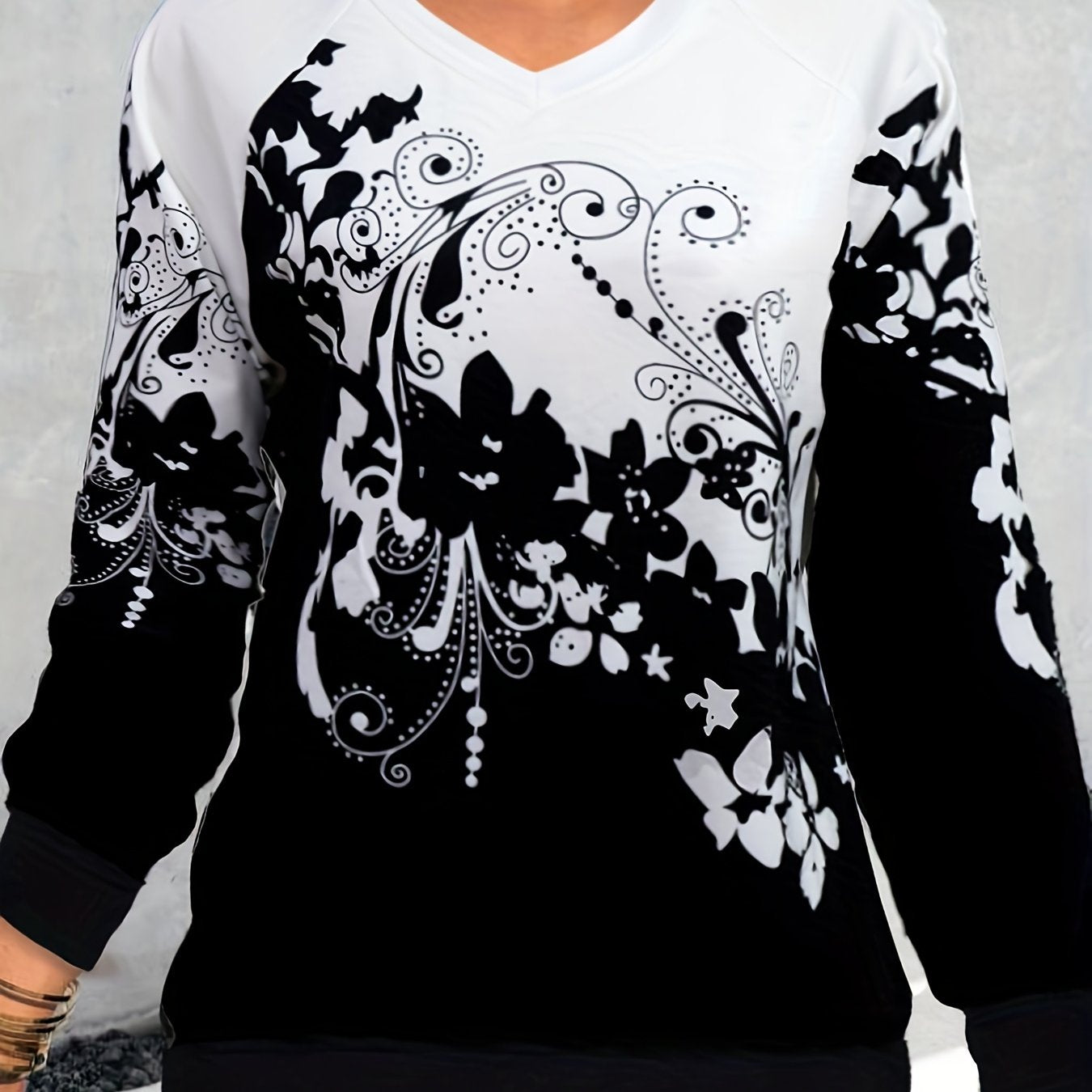 Boho Floral Print V Neck Sweatshirt for Women