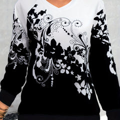 Boho Floral Print V Neck Sweatshirt for Women