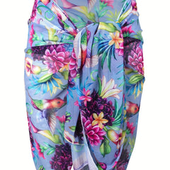 Floral Print Boho Bikini Bottoms with Mesh Beach Cover Up Skirt