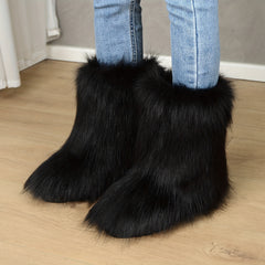 Women's Fluffy Furry Mid Calf Boots Winter Snow Boots
