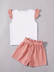 2pcs Toddler Girls Cherry Ruffle T Shirt & Plaid Shorts Set Kids Summer Clothes