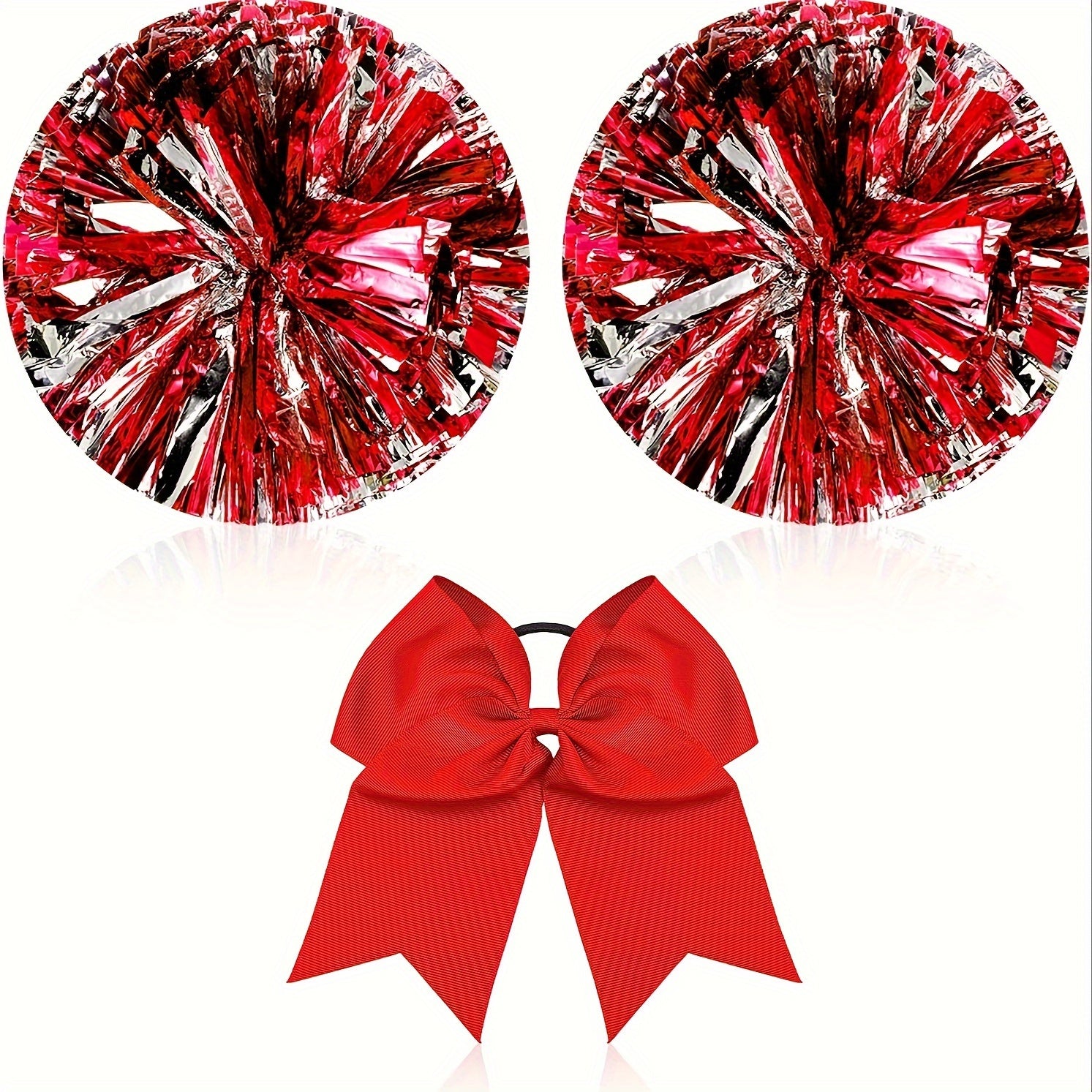 3pcs Cheer Pom Poms & Large Cheer Hair Bow Set - Metallic Accessory