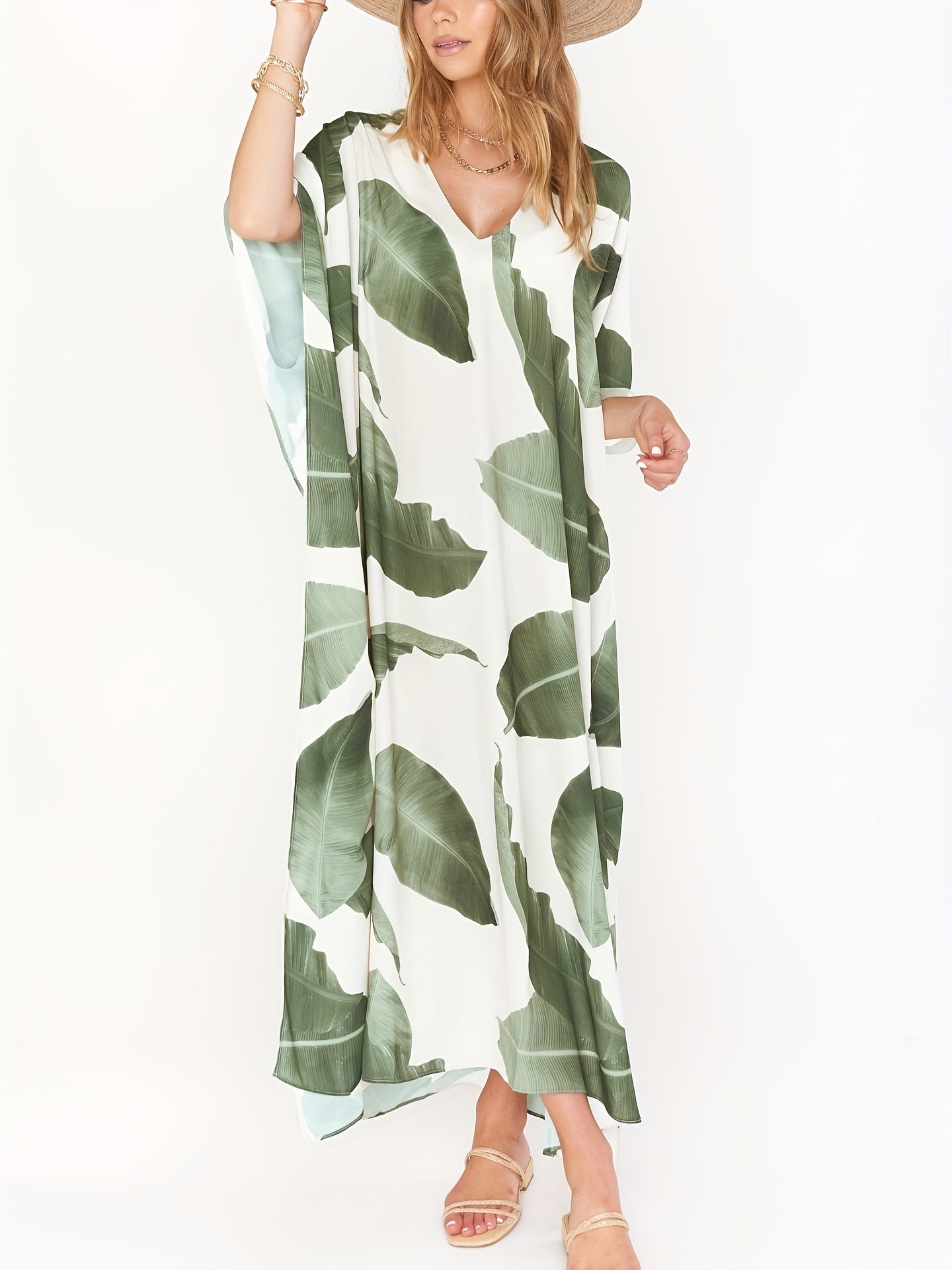 Palm Pattern V Neck Beachdress Loose Kaftan Women's Swimwear