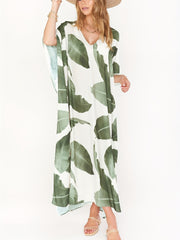 Palm Pattern V Neck Beachdress Loose Kaftan Women's Swimwear
