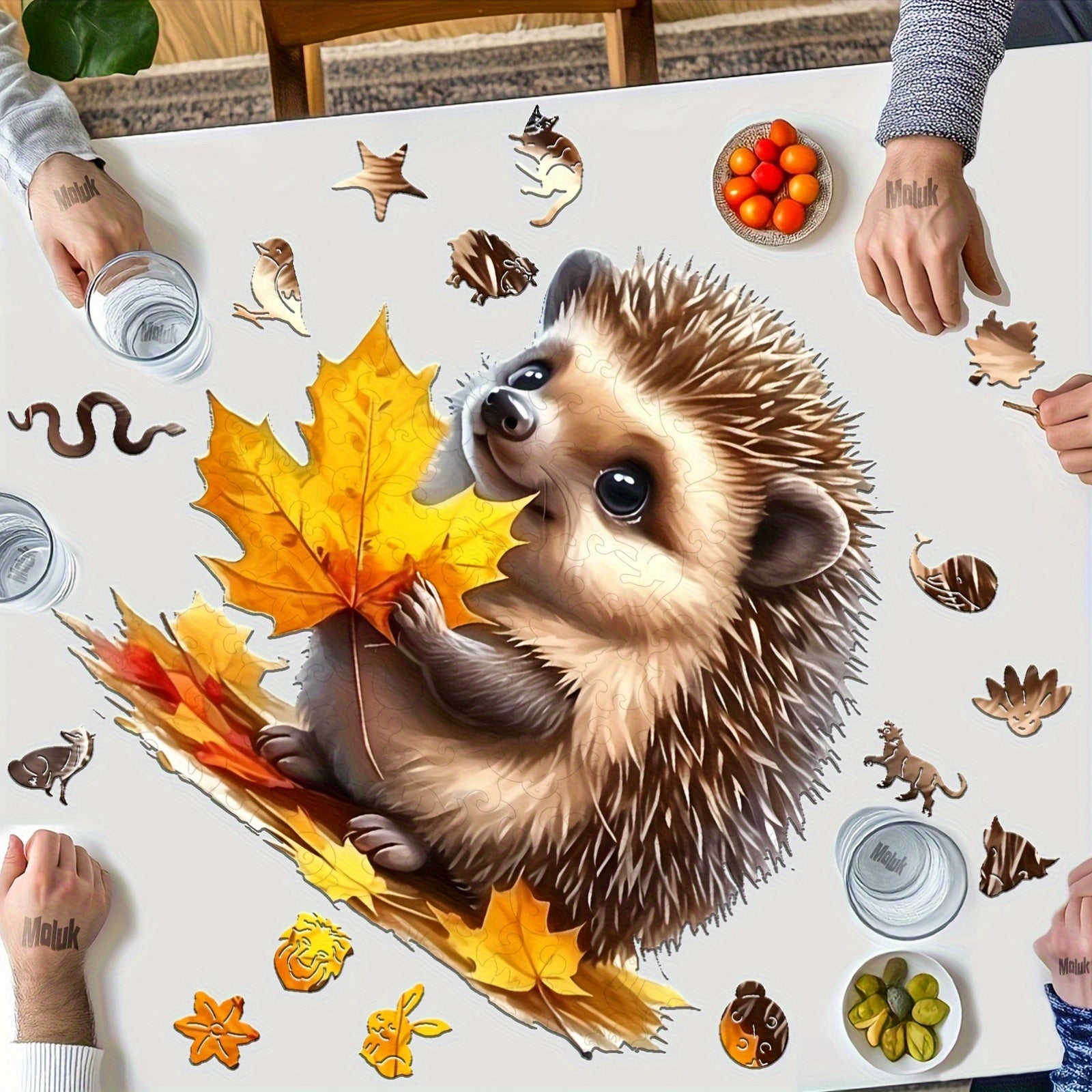 Hedgehog & Maple Leaves Wooden Puzzle Unique Shape