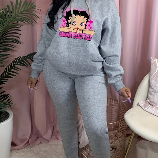 Casual Cartoon Girl Print Hoodie & Sweatpants Set