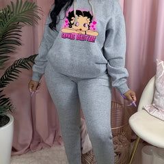 Casual Cartoon Girl Print Hoodie & Sweatpants Set