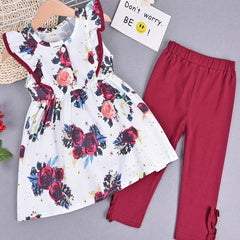 2pcs Girls Floral Print Dress And Pants Set Clothes