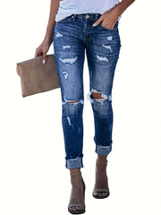 Distressed High Stretch Skinny Jeans Mid Waist Denim Trousers