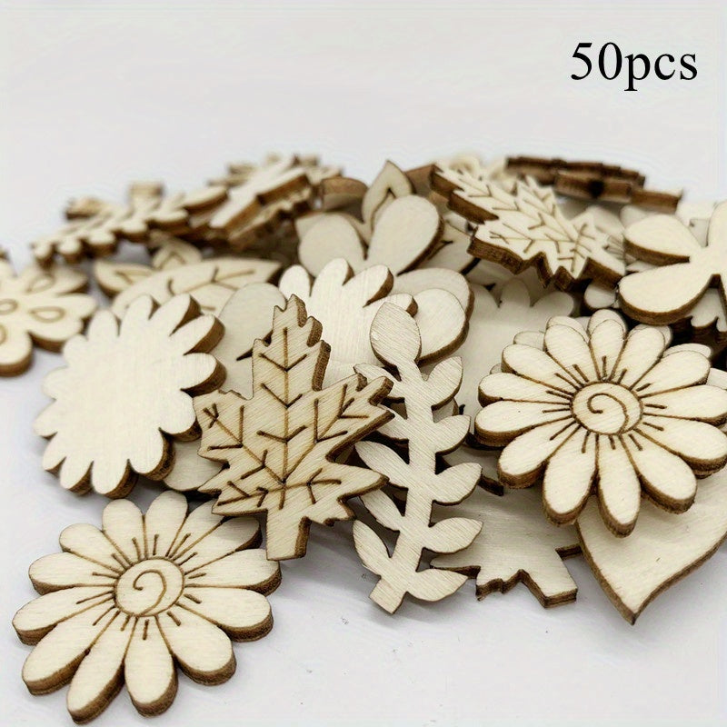 50pcs Mixed Flower Leaf Pattern Wooden Scrapbook DIY Crafts