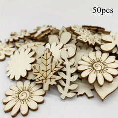 50pcs Mixed Flower Leaf Pattern Wooden Scrapbook DIY Crafts