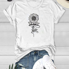 Sunflower & Letter Print T shirts Short Sleeve Loose Round Neck