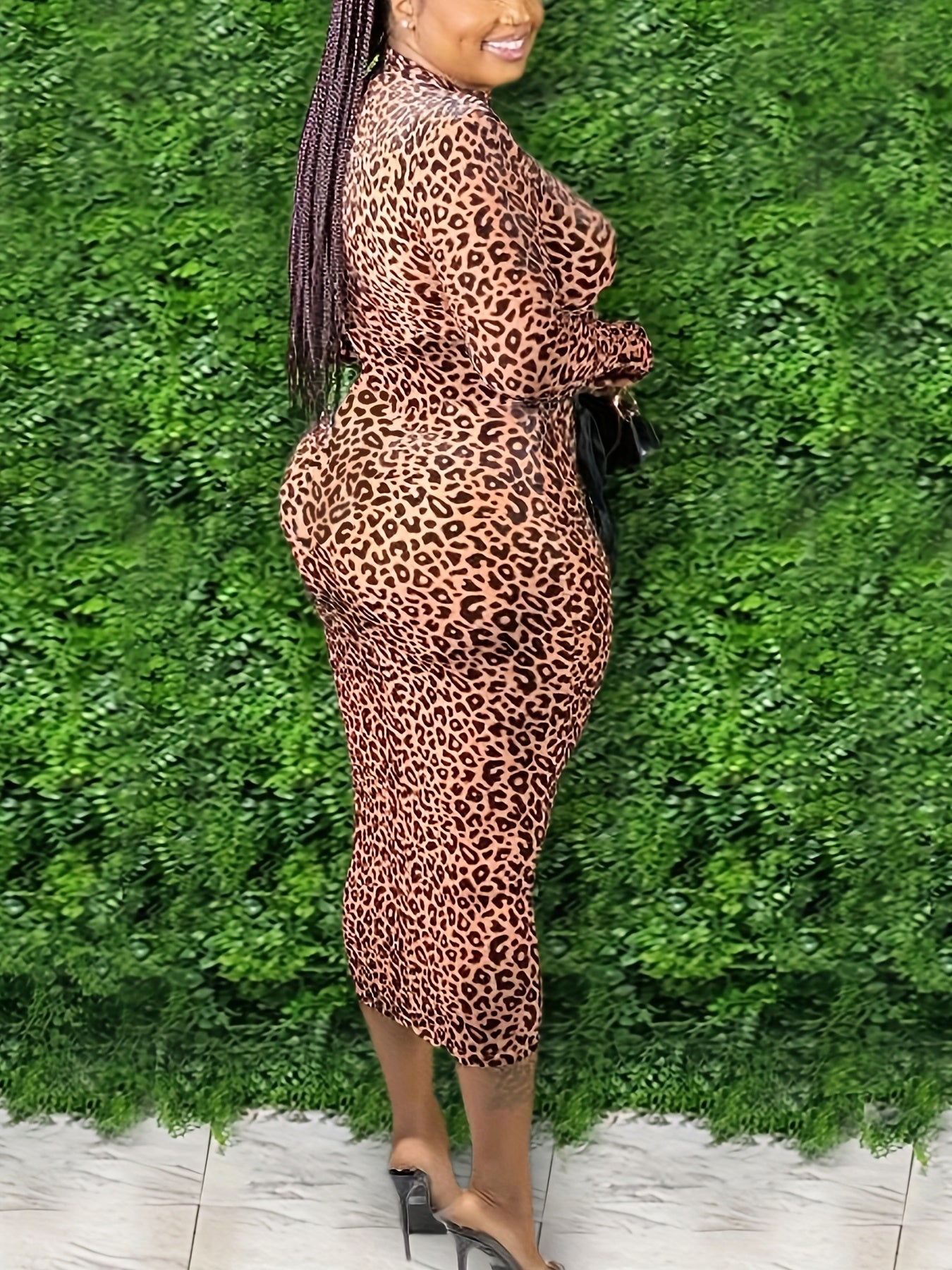 Leopard Print High Neck Bodycon Dress Women's Plus Medium