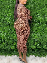 Leopard Print High Neck Bodycon Dress Women's Plus Medium