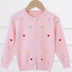 Girls Heart Embroidery Round Neck Knit Cardigan for Spring Fall