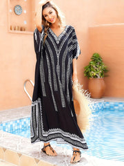 Boho Cover Up Dress Women's Plus Floral Print V Neck Stretch