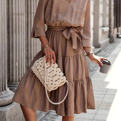 Solid V Neck Smock Maxi Dress With Belt