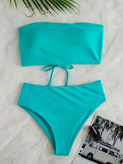 Lake Lace Up Bandeau 2 Piece Set Bikini Solid High Waist Swimsuit