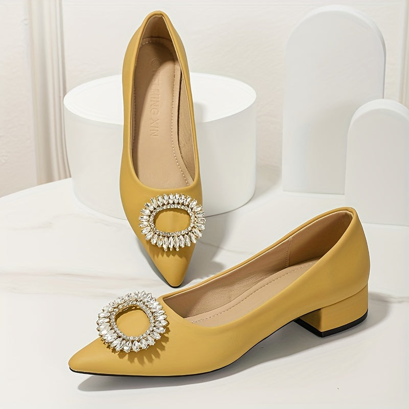 Rhinestone Decor Slip-On Block Heel Shoes Point Toe Soft Sole Glitter