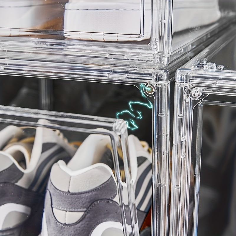 2pcs Dustproof Shoe Storage Box Plastic Foldable Stackable Shoe Cabinet Organize