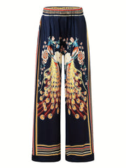 Women's Plus Peacock Frayed Print Wide Leg Pants