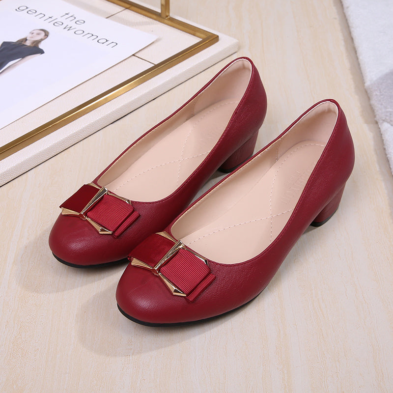 Women's Bowknot Mid Heel Soft Sole Slip-On Shoes Round Toe Court Shoes