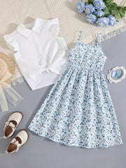 Girls 2pcs Skirt Set Twist Knot Shirt & Cami Dress Summer Clothes