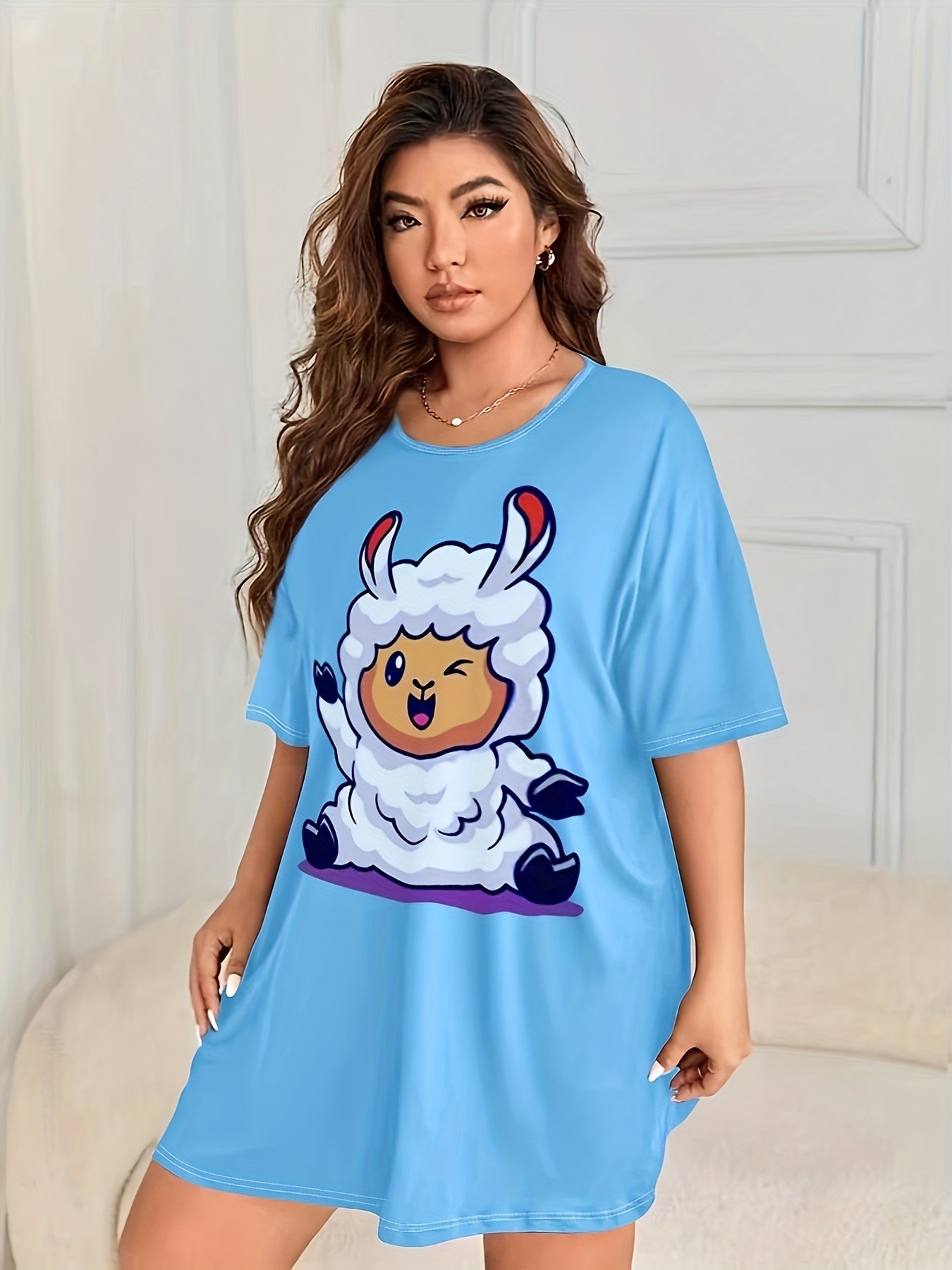 Sheep Print Nightdress Short Sleeve Loungewear Dress