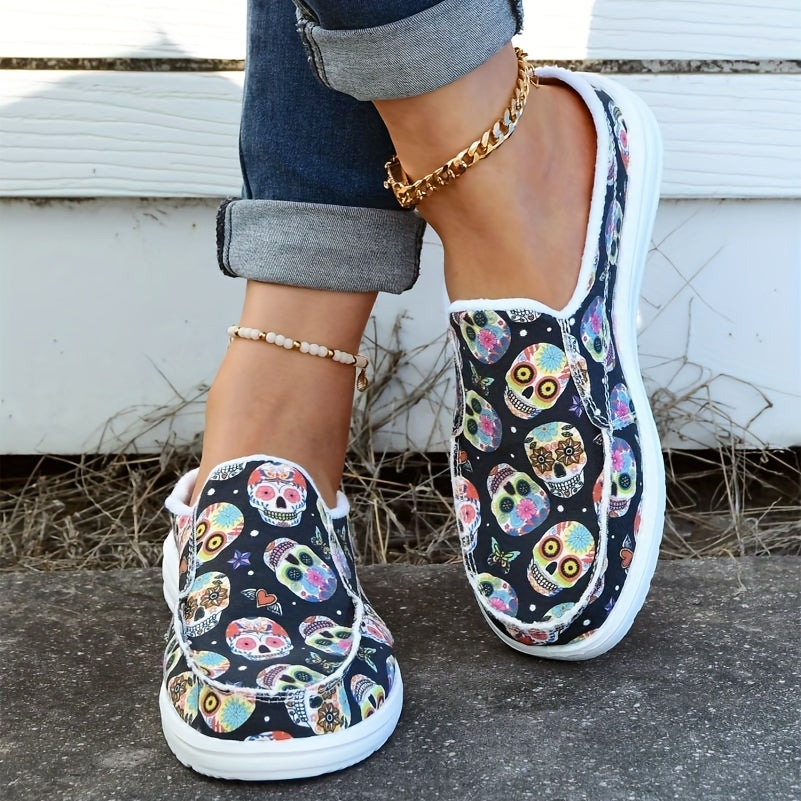 Skull Pattern Canvas Slip-On Shoes for Women Lightweight Halloween Shoes