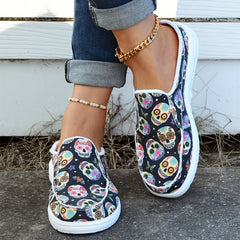 Skull Pattern Canvas Slip-On Shoes for Women Lightweight Halloween Shoes