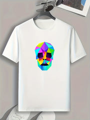 Block Skull Print Men's Graphic T shirt for Summer