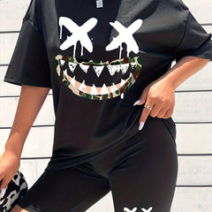 2pcs Cartoon Graphic Loose Short Sleeve T-shirts & Shorts Women's Activewear