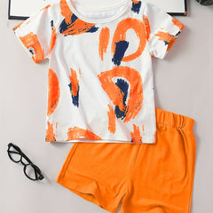 Boys Graffiti Print Tee & Shorts Set Kids Summer Clothes