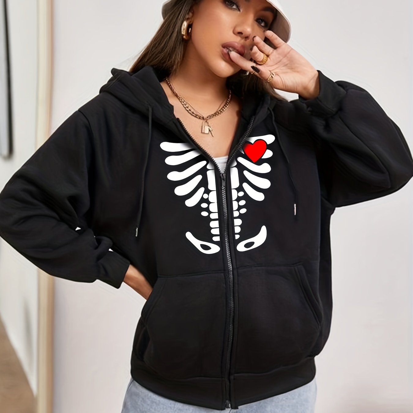 Skull & Heart Print Zip Up Hoodie Sweatshirt