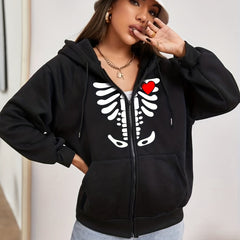 Skull & Heart Print Zip Up Hoodie Sweatshirt