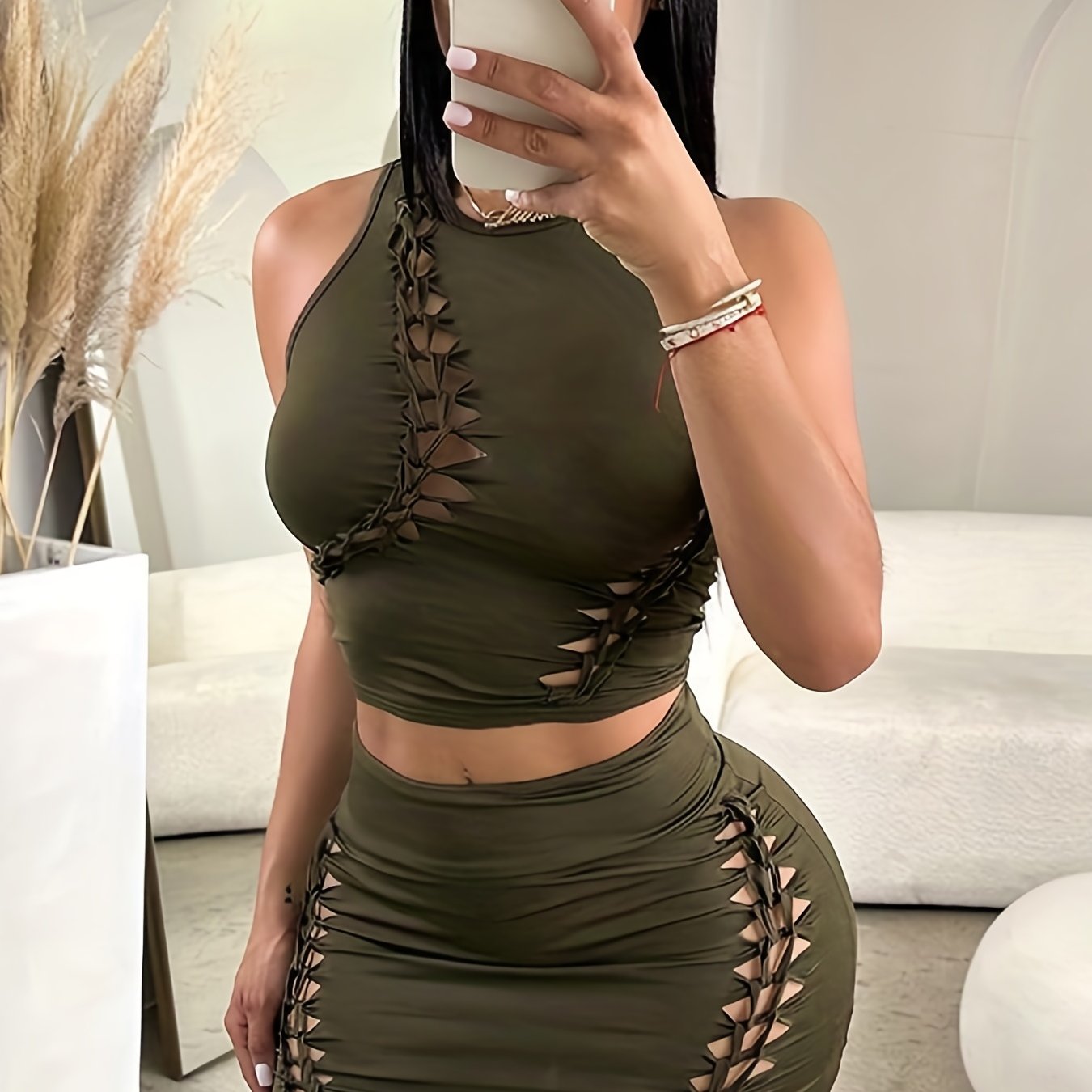 Sexy Cut Out 2pc Skirt Set Slim Tank Top & Bodycon Skirt Women's C