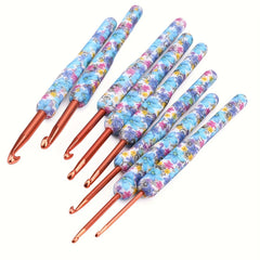 8pcs Aluminum Crochet Hooks Set Bule Floral Ergonomic Handle Comfort Grip