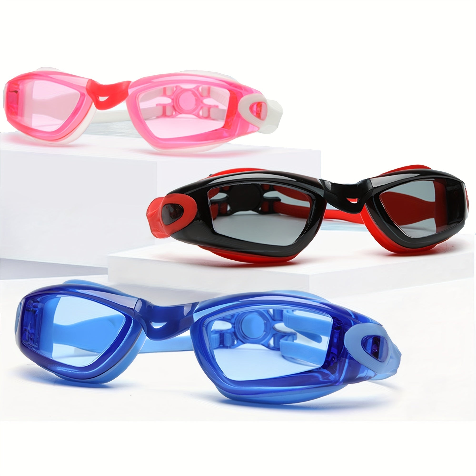 Adjustable Waterproof Swim Goggles + Storage Box + 3 Nose Bridge Replacement