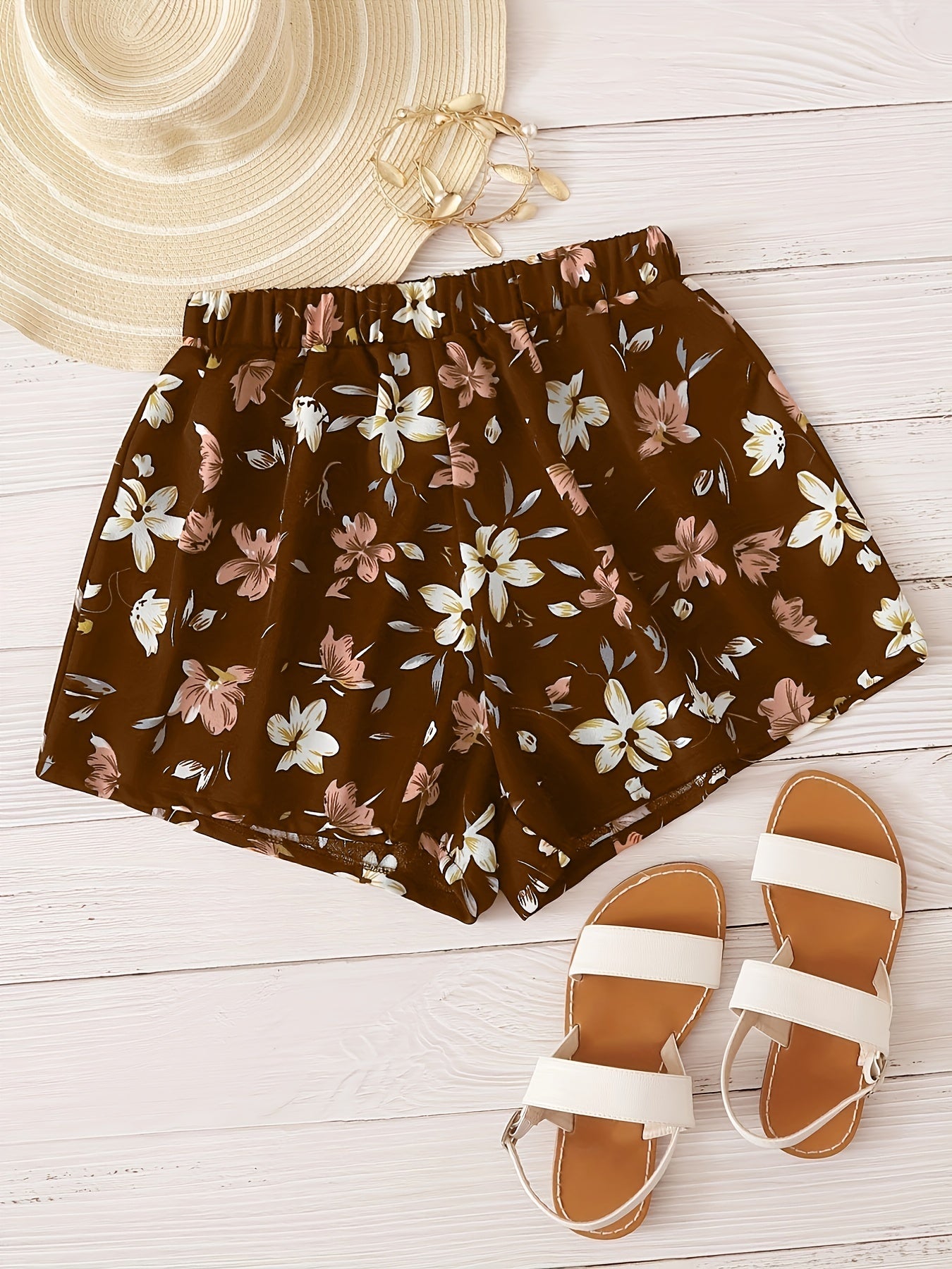 Floral Print Elastic Waist Shorts Boho Shorts For Spring & Summer Women's