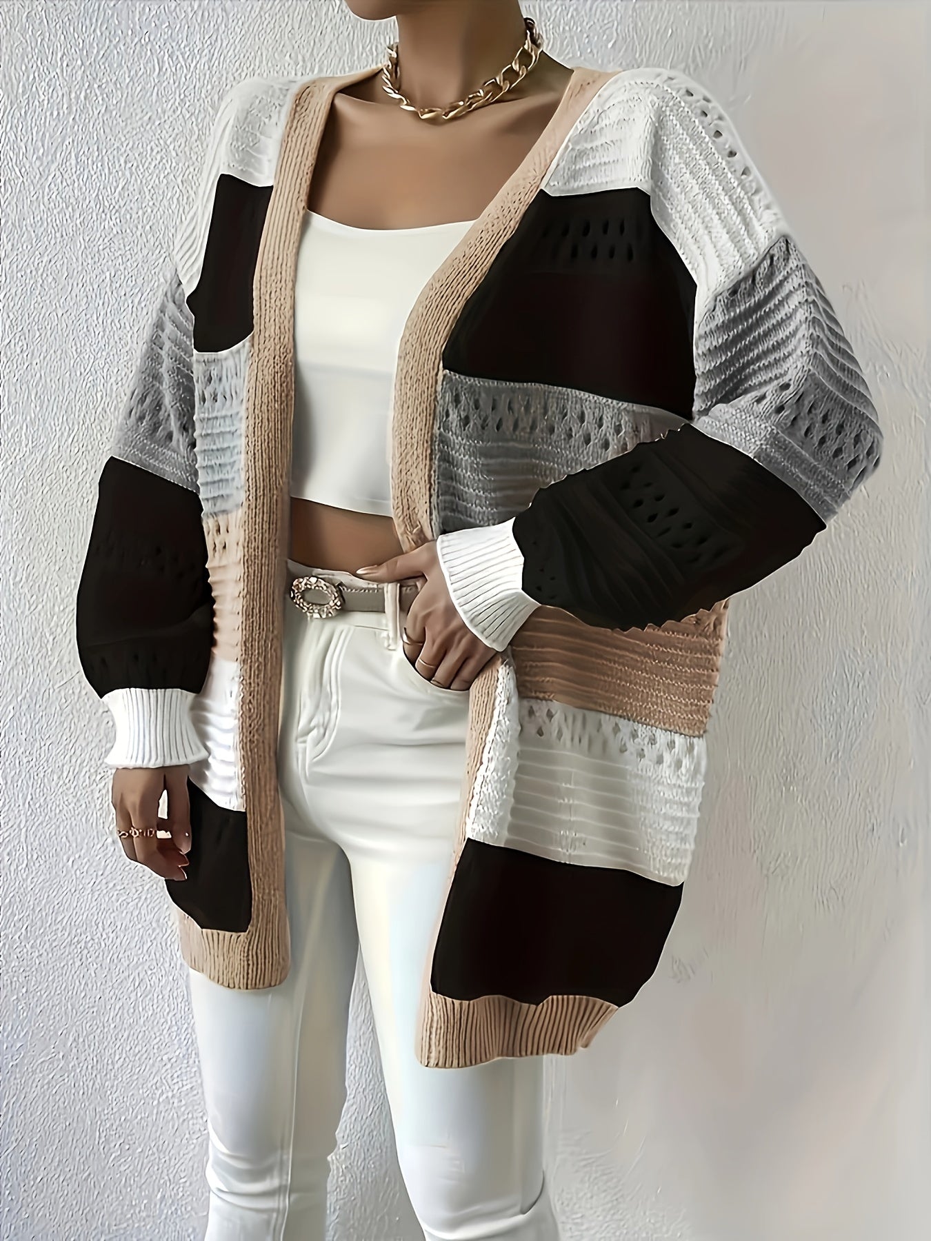 Cut Out Block Knit Cardigan Long Sleeve Sweater