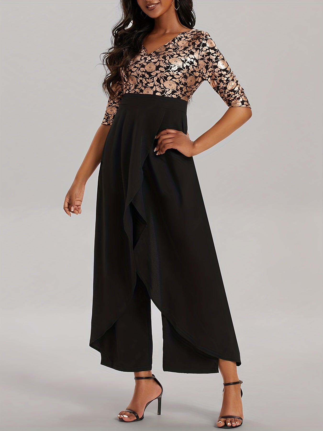 Floral Print Splicing Jumpsuit Casual 3 4 Sleeve Split Wide Leg Jumpsuit