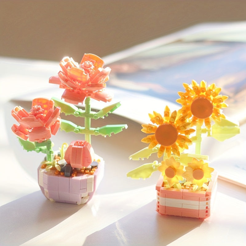 Sunflower Rose Flower Pot Building Blocks Artificial Bouquet Desktop Decoration