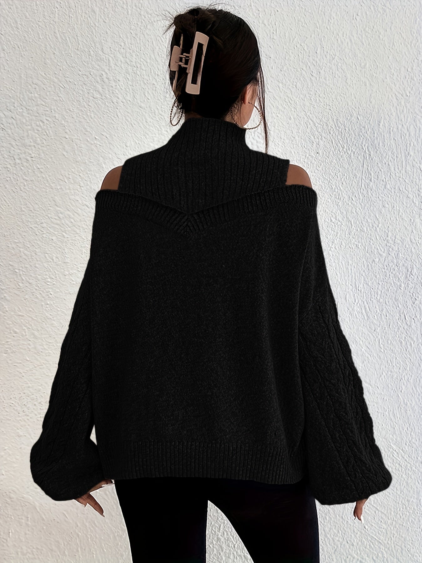 Cold Shoulder 2 In 1 Knit Sweater High Neck Long Sleeve Women's Clothing